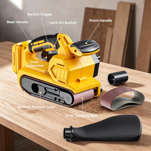 Image of Ecarke Cordless Belt Sander Compatible with DeWalt 20V Battery (Tool Only) 3x18 inch Bench Sander with Variable Speed (120-380 m /min), with Dust Bag & 3 Sanding Belts(80 /120 /320 Grit) for Woodworking