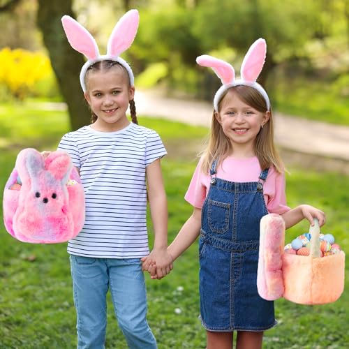 Image of 2Pcs Easter Fluffy Bunny Basket - Soft Plush Basket Hunting Egg Candy Reusable Tote Bags for Easter Spring Party Decorations Supplies Baby Shower - 11.8 x 9.8 inch