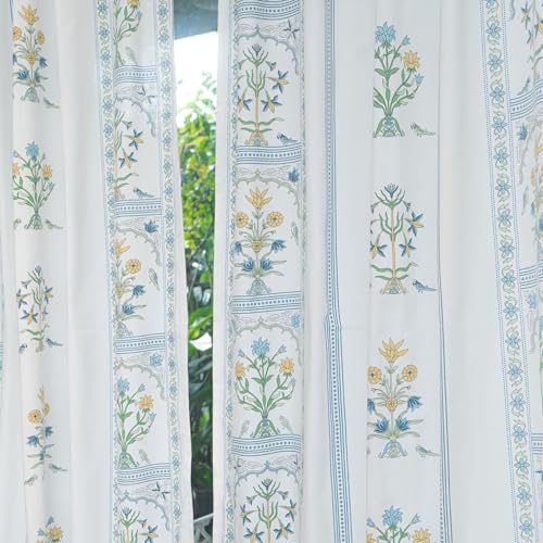 Image of Tranquebar Curtain Co. Cotton Curtains 7 Feet Long Set of 2, 60-65% Room Darkening, Blue Ethnic Curtains Floral Print, Door Curtains 7 Feet Set of 2, with Eyelet, Sashi (213 cm) - Set of 2