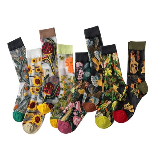 Women Floral Sheer Socks Elastic See Through Summer Thin Mesh Lace Jacquard Cottagecore Accessories Y2K Socks 8 Pairs