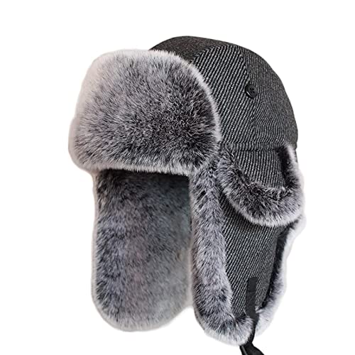 XJZKA-Bomber-Hat-Mens-Trooper-Trapper-Hat-avec-Oreillettes-Chapeau-de-Bombardier-dhiver-double-en-Polaire-Garder-au-Chaud-Couleur-Gris-fonce-Taille-60-62