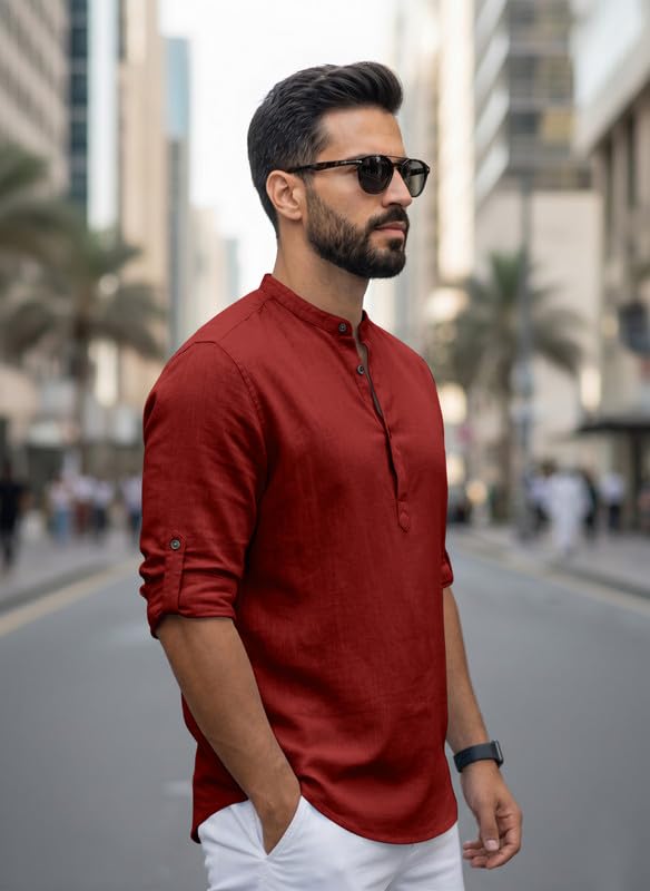 Image of Men Cotton Blend Mandarin Collar Casual Kurta Shirt | Roll-Up Sleeves | Regular Fit Ethnic Short Kurta for Daily