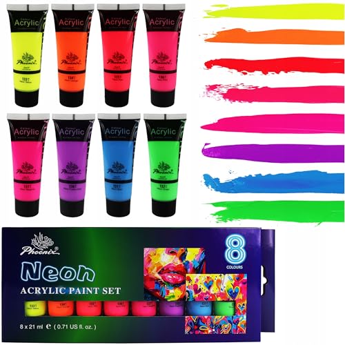 Acrylfarben Set Neon 8x21 ml Leuchtende Farben für Papier Leinwand Holz & mehr Phoenix Künstlerfarben Neon Gelb Pink Orange Blau Grün Für Anfänger Erwachsene & Hobby-Maler DIY