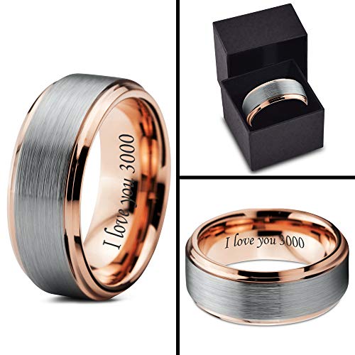 I Love You 3000 Quote Engraved Ring - Tungsten Band 8mm - Men - Women - 18k Rose Gold Step Bevel Edge - Yellow - Grey - Blue - Black - Brushed - Polished - Wedding - Gift Dome Flat4