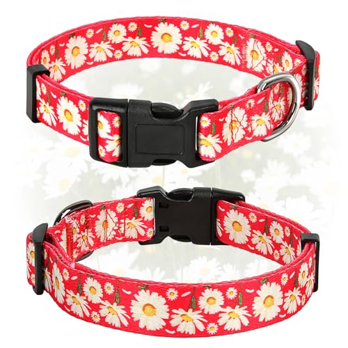 Image of HEELE Dog Collar, Adjustable Soft Dog Collar for Small Medium Large Dogs,Daisy Floral Patterned Puppy Collars with Quick Release Buckle Daisy Red S Length 9.84''-14.96'
