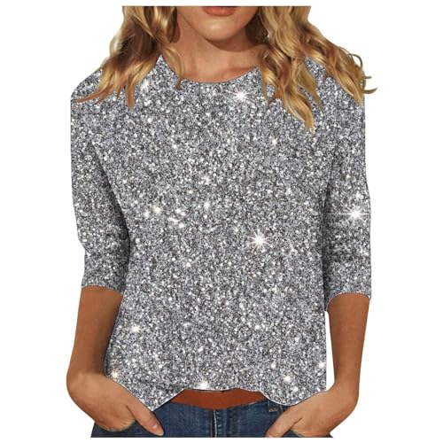 Ofertas Barato Camiseta Lentejuelas Mujer Vestir con Manga 3/4 Cuello Redondo Túnica Brillante Elegante Tops para Nochevieja Informal Blusa Talla Grande Parte Superior Fiesta Ajuste Holgado Pullover