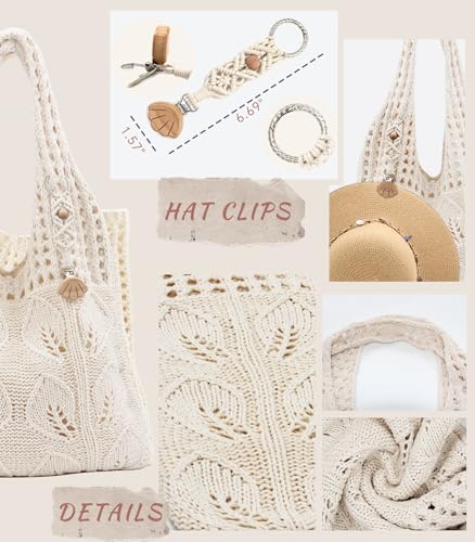 RUNROLE Crochet Tote Bag with Macrame Hat Clip for Travel Women Summer Beach Bag Aesthetic Knit Bag Cute Shoulder Bags3