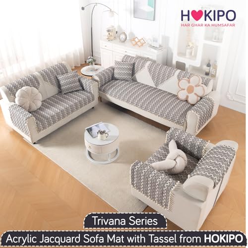 Image of HOKIPO Sofa Backrest Cover with Tassel | 300 GSM Thick Cotton Acrylic Jacquard Fabric Backrest Mat, Size 55x70 cm,'Trivana Series' Charcoal Black (IN-932-J6)