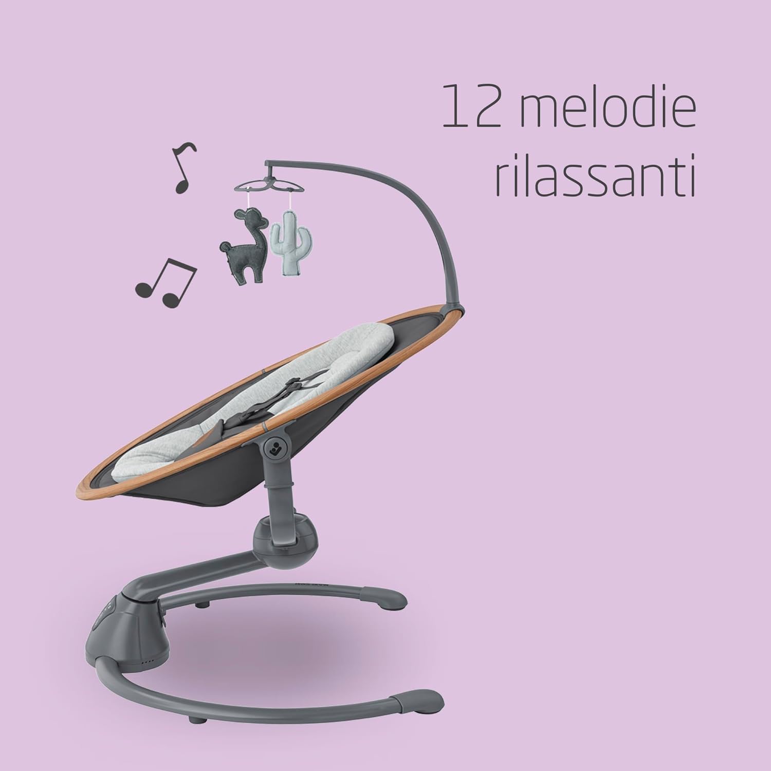 Maxi-Cosi Cassia Sdraietta Neonati Elettrica per Bambini, 0-6 mesi, max 9 kg, Altalena Neonato Girevole 360°, Reclinabile, Rilevamento Automatico Movimento, 5 Velocità, 12 Melodie, Essential Graphite