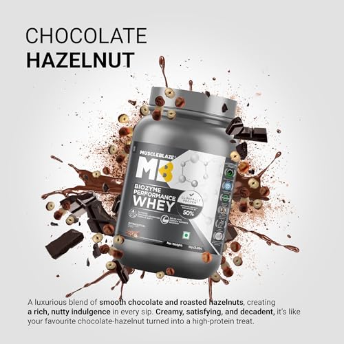 Image of MuscleBlaze Biozyme Performance Whey Protein Powder, Chocolate Hazelnut (1kg / 2.2lbs) | 25g Protein Per Scoop | Clinically Tested 50% Higher Protein Absorption