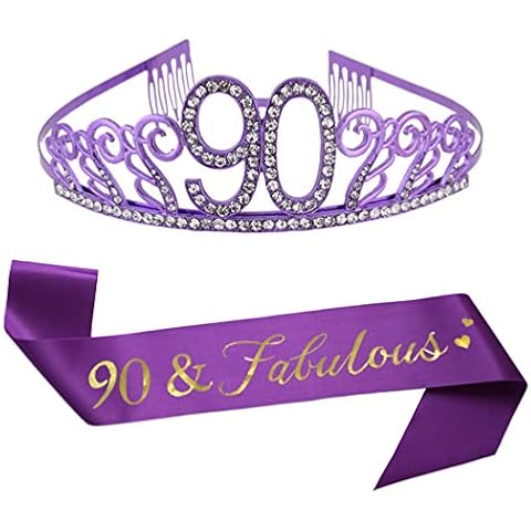 90th Birthday Purple Tiara and Sash Glitter Satin Sash and Crystal Rhinestone Tiara Crown for Happy 90th Birthday Party Supplies Favors Decorations 90th Birthday Cake Topper Party Accessories Cover