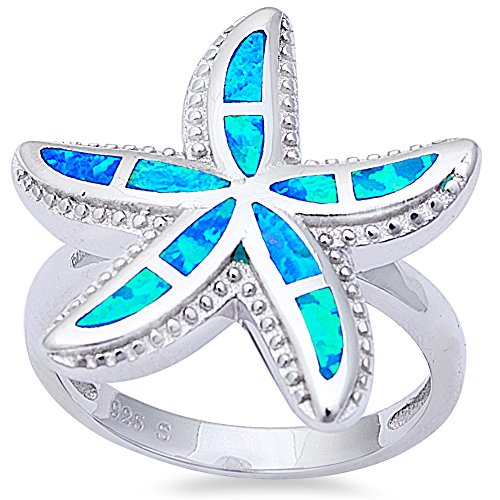 Oxford Diamond Co Lab Created Blue Fire Opal Starfish .925 Sterling Silver Ring Sizes 6-10 (10)