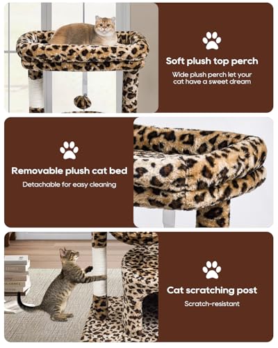 SYANDLVY Small Leopard Print Cat Tree for Indoor Cats, Cat Tower with Scratching Post, Modern Cat House with Padded Perch, Kittens Condo with Cradle, Cat Cave - Image 6