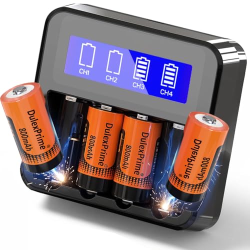 DulexPrime 123A Rechargeable Batteries 4-Pack 123A NiMH Batteries and Charger for Arlo VMS3130 VMC3030 3200 3330 3430 3530 Security Cameras Alarm System Flashlight