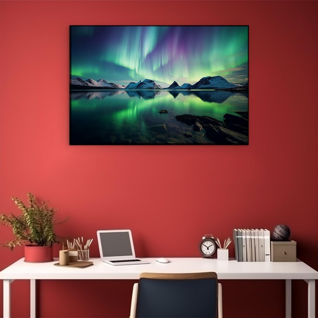 Art Wall: Ethereal Aurora Borealis Over Tranquil Mountain Peaks and Mirrored Waters. Interior Art, Canvas Art Wall, Arts Wall Decoration Size: 69x46 cm (27x18 inch)