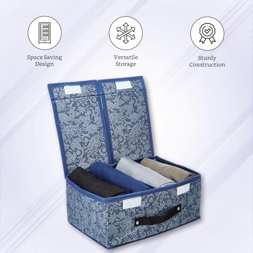 Image of Amazon Brand - Solimo Double Lid Foldable Storage Box | Toys Storage Bin | Wardrobe organizer for Clothes | Front Handle | Stackable Rack | 36 x 25 x 16 cm (Flower Print, Navy Blue)