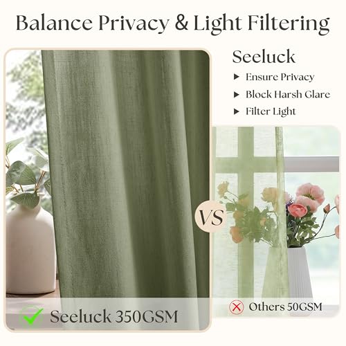 Image of Olive Green Linen Semi Sheer Pinch Pleated Curtains 108 Inch Long | Floor To Ceiling Extra Long, Light Filtering Privacy, Burlap Textured, Living Room, Hook Rings Memory Shape, Rustic Classic