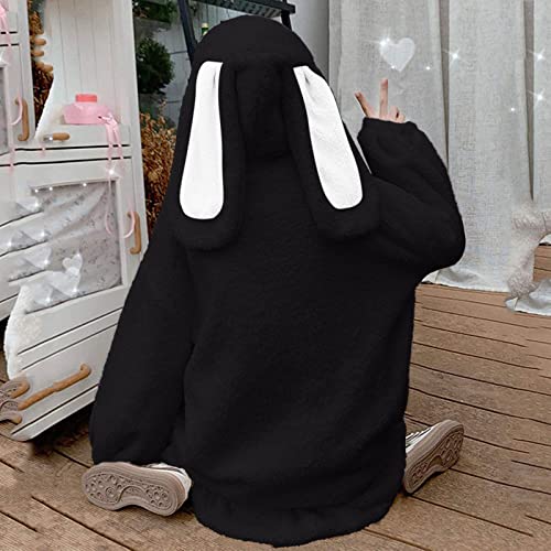 Casaco feminino Kawaii Bunny com capuz e orelhas de moletom japonês fofo macio e felpudo coelho com