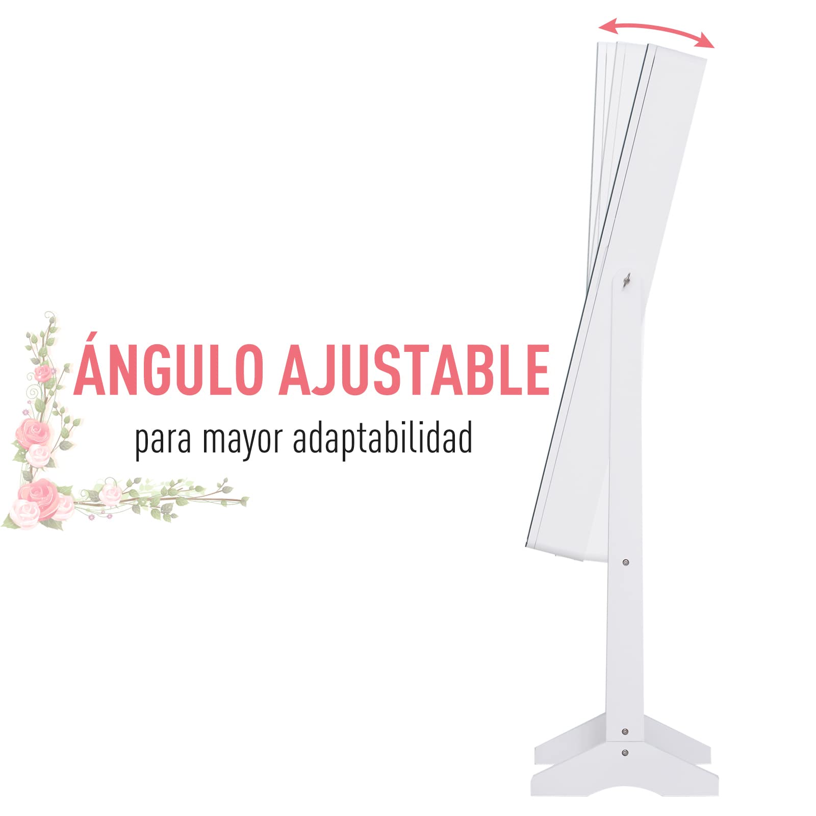 HOMCOM Joyero de Pie con Espejo Armario para Joyas Luces LED Reclinable Guardajoyas Anillos Pendientes Collares Madera 30x36x146cm Blanco