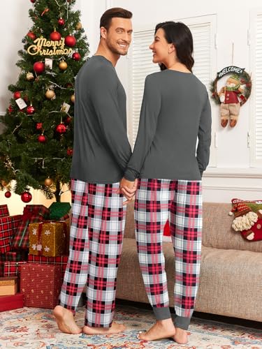 Matching Couple Pajamas Buffalo Plaid Christmas Pjs with Pockets Modal Long Sleeve Sleepwear Deep Grey Plaid L3