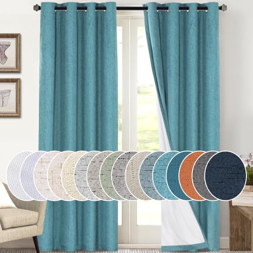 Image of PrinceDeco 100% Blackout Curtains 108 Inches Long Thermal Insulated Textured Blackout Curtains 2 Panels Set Grommet Room Darkening Textured Curtains for Bedroom Living Room(52x108 inch,Teal Blue)