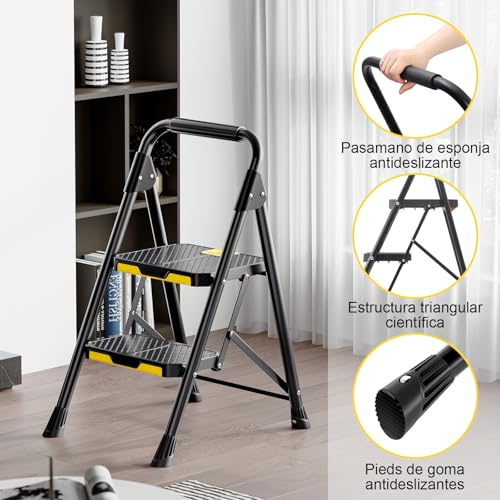 Escalera plegable de 2 peldaños con bloqueo de seguridad y alta carga de 360kg 5