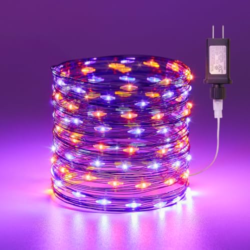 Image of Halloween Fairy Lights Plug in, 33Ft 100LEDs Halloween String Lights, Waterproof Flexible Black Wire String Lights for Home Party Haunted House Indoor Outdoor Halloween Decorations, Orange & Purple