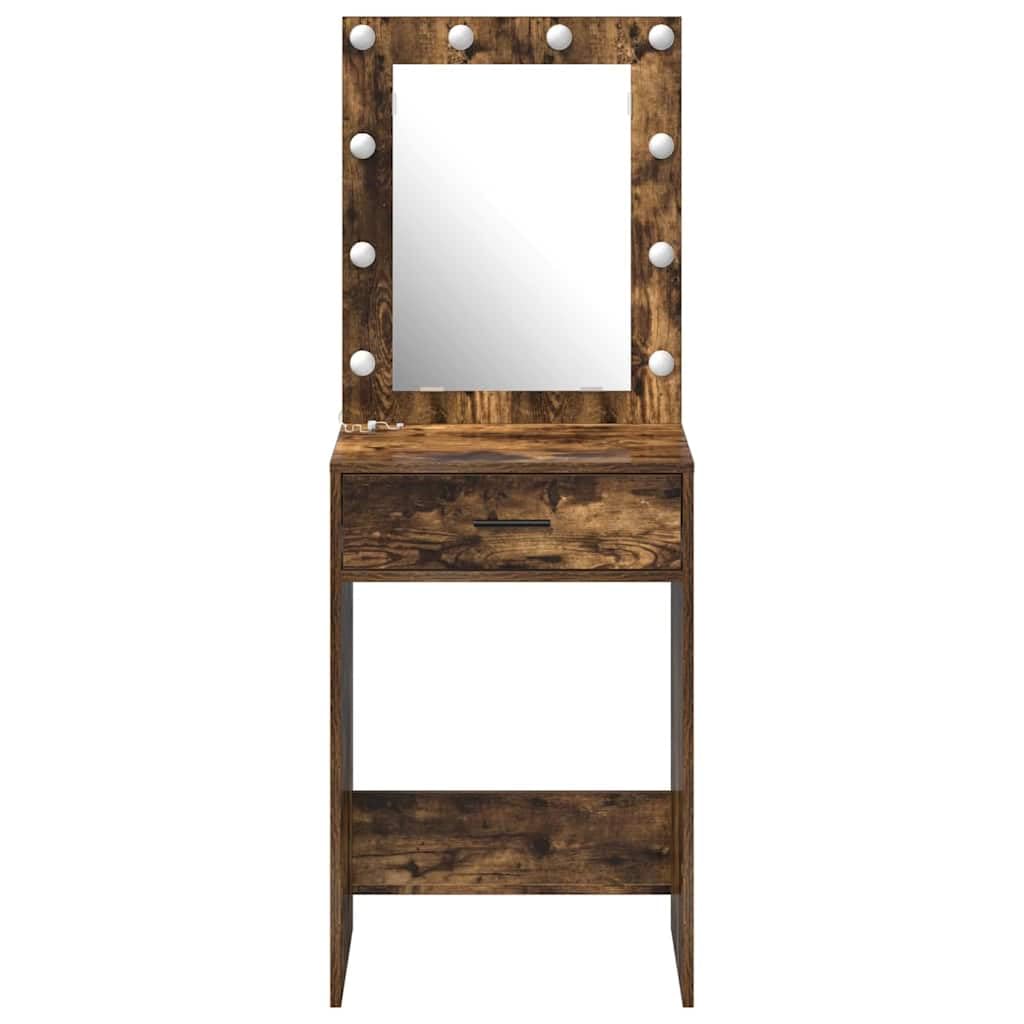 Tavolo da trucco rovere fumé con luce LED, specchio piano e 2 cassetti, mobiletto salvaspazio per camera da letto, scrivania consolle per make up e organizzatore cosmetici