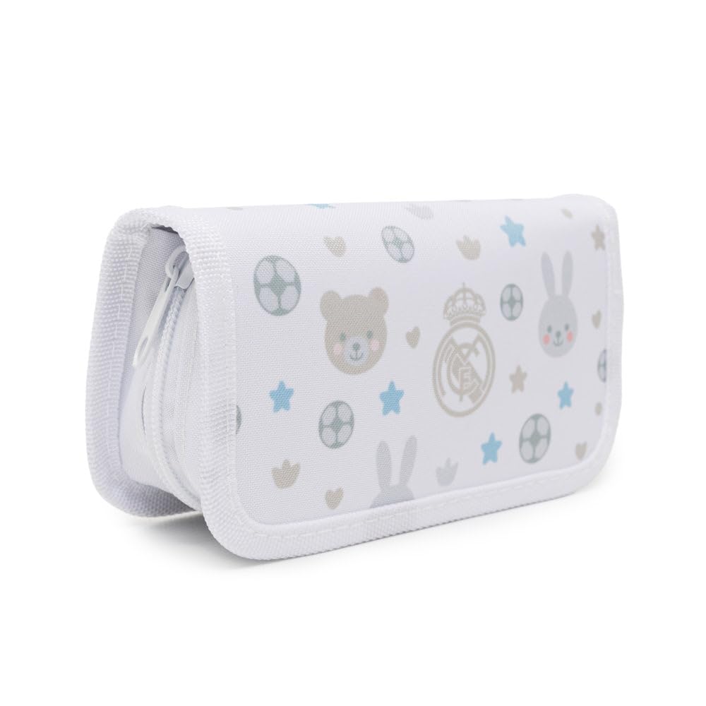 Miniland - Kit de toilette pour bébé du Real Madrid - Trousse avec peigne, brosse douce, ciseaux, coupe-ongles et limes - Design compact et officiel du club - Dès 0 mois