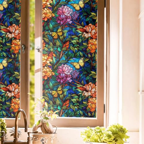 16“x118 Nature Stained Glass Flower Double Side Window Films Art Decorative Window Privacy Tinting Film Self-Adhesive Static Glass Window Clings Stickers for Living Room Bathroom Glass Windows Decor