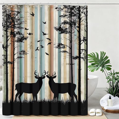 mutakin Rustic Deer Shower Curtain Cabin Farmhouse Lodge Shower Curtains for Bathroom Waterproof Fabric Bath Curtain Decor with Hooks