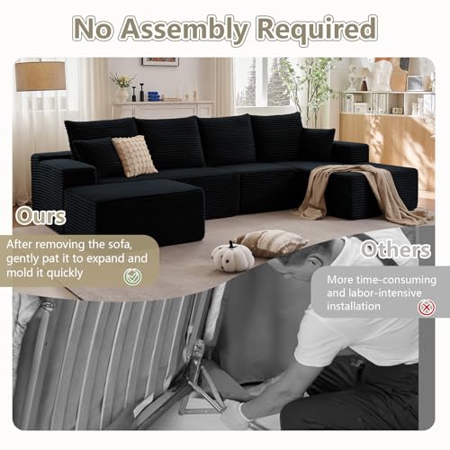 Image of Lakifun 135 inch U-Shape Cloud Couch, Modern Modular Sectional Comfy L-Shape Sofa with Ottoman, Deep Seat, Upholstered Corduroy Sleeper Chaise Longue for Living Room Bedroom, No Assembly Required, Black