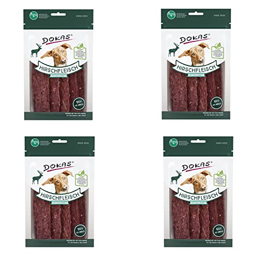 Dokas Dog Hirschfleisch getrocknet | 4er Pack | 4 x 60g | Ergänzungsfuttermittel für Hunde | Der perfekte Hundesnack für zwischendurch | Leckere Belohnung | luftgetrocknet