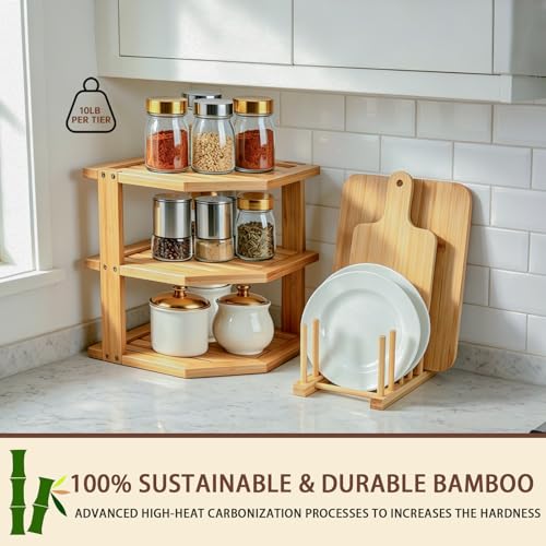 Image of Bamboo Plate Organizer Set, 3 Tier Corner Shelf & Vertical Plate Rack,2 Set