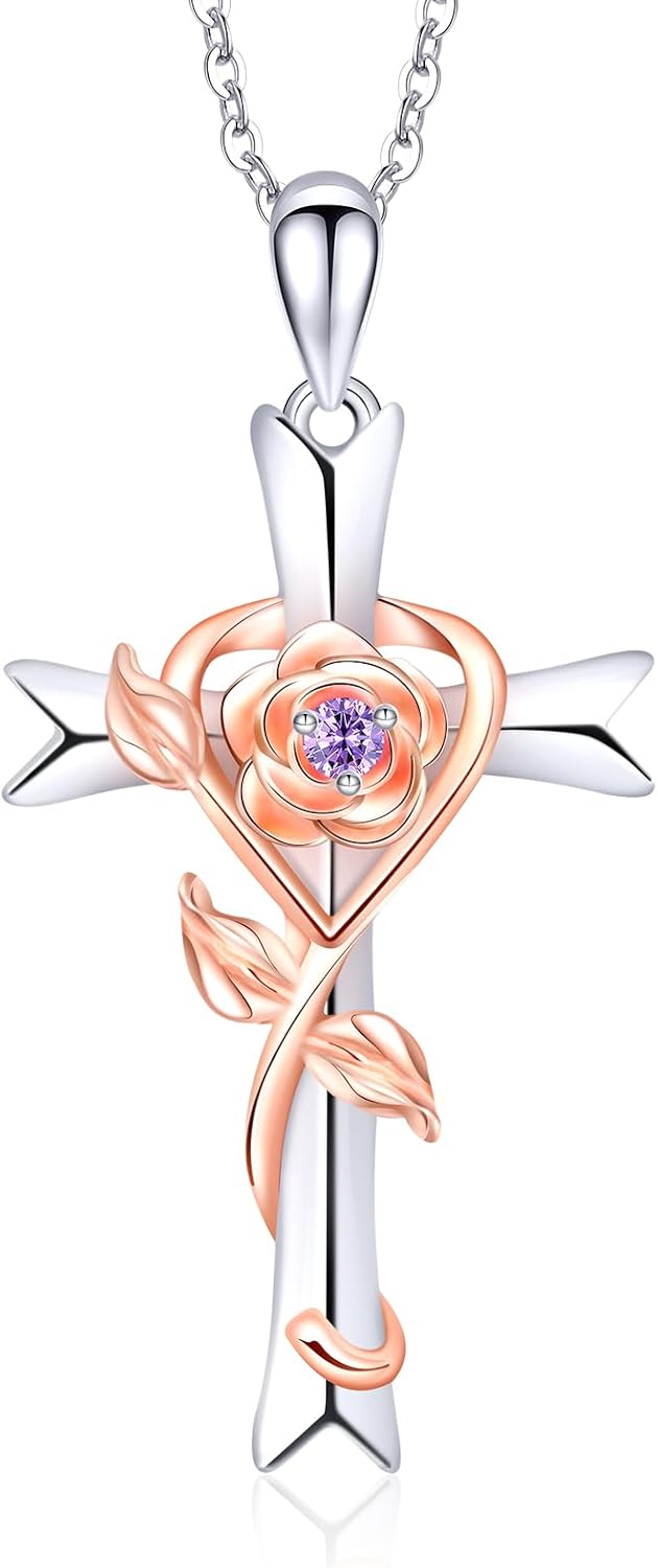 RIVIKO 925 Sterling Silver Cross Birthstone Necklace for Women Cross Rose Pendant Necklaces Trendy Christmas Valentine's Day Anniversary Jewelry Gift for Women Her Wife Girlfriends