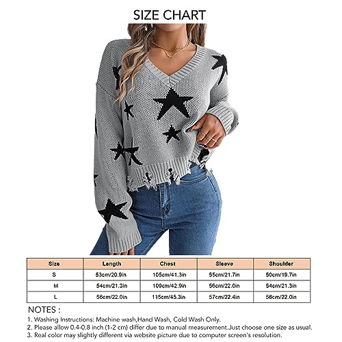 Camiseta feminina de manga comprida, gola V, túnica, casual, estampa de estrelas, tops casuais, Cinz