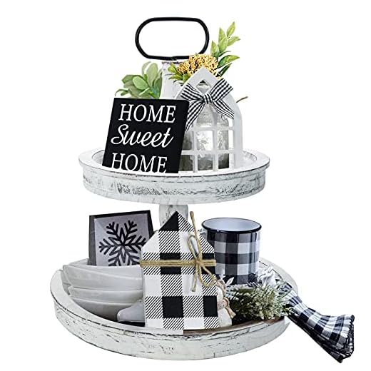 Farmhouse Decor, Two Tiered Tray White with 3 Wood Cute Signs, Wooden Rustic Modern Decorations Items for Home Kitchen Shelf Coffee Bar Table