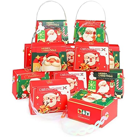 Bekeify Christmas Candy Boxes, 24PCS Xmas Designs Christmas Sweet Box with Handles, Four Patterns Small Christmas Themed Cookie Box, Santa Claus Paper Bags for Holiday Xmas Party Supplies Cover