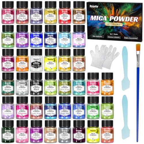 Roizefar Polvo de mica - Pigmento de Resina Epoxi de 42 Colores, Tinte de Jabón Natural, Tinte en Polvo Metálico para Hacer Joyas, Bombas de Baño, Velas (5 g por Botella)