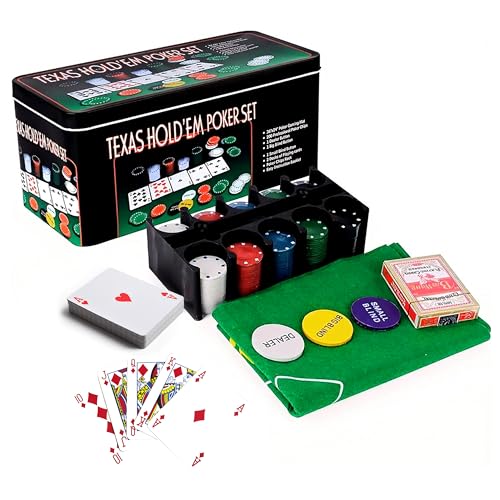 Aspect Poker Set Casino Texas Holdem 200pcs Poker Set with Chips Poker Mat & Tin Box One Sided Mat Gambling Cards & Casino Chips for Black Jack Games Complete Game Kit