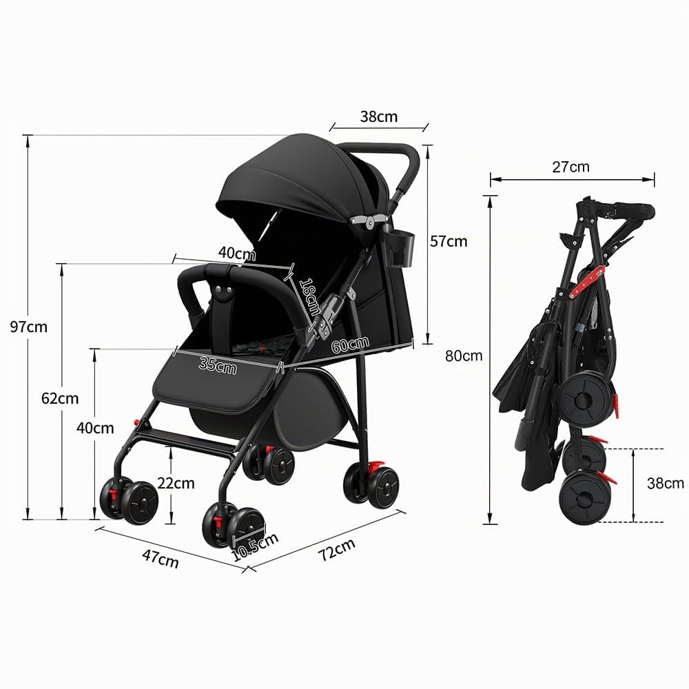 Poussette Pliable,0 à 4 Ans (15kg Max), Légère (4,8 Kg), Réglage Du Dossier Jusqu'à La Position Couchée,Un Espace de Rangement en Bas,avec Coton, Porte-Gobelet, Pare-Soleil (Noir)