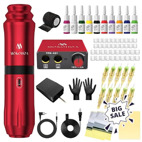Tattoo Gun Kit Complete Tattoo Kit, Tattoo Machine Kit for Beginners, Rotary Tattoo Pen Kit,10 Pro Tattoo Cartridge Needles,10 Ink Color Set for Tattoo Supplies (Red)