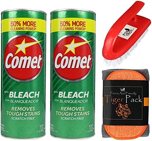 Comet Cleaner Total Kitchen and Bathroom Cleaner Kit - Two 21 Oz Canisters Comet Cleanser Powder with Bleach - Tough Scrub Sponge - Scrub Brush - Foxtrot Microfiber Towel