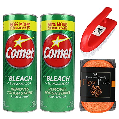 Comet Cleaner Total Kitchen And Bathroom Cleaner Kit - Two 21 Oz Canisters Comet Cleanser Powder With Bleach - Tough Scrub Sponge - Scrub Brush - Foxtrot Microfiber Towel #TOP13