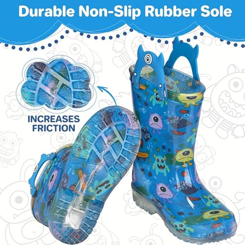 JSLOVE Toddler-Kids Light Up Rain Boots, Printed 100% Waterproof Glitter Rain Boots with Easy On Handles for Girls and Boys, Mud Lightweight Adorable with Non-Slip Sole4