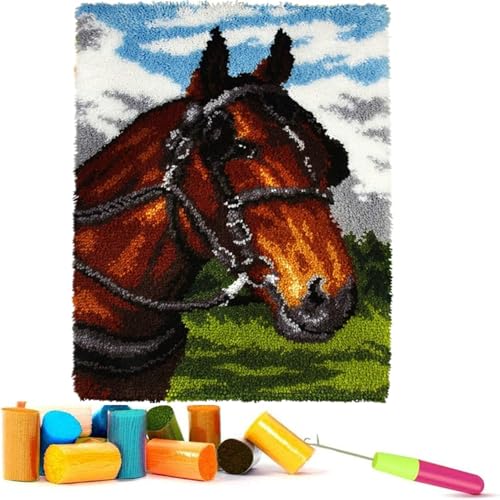 Image of EMISTEM Latch Hook Kits for Adults - DIY Latch Hook Rug Kits , Crochet Kit for Beginners, Rug Making Kits with Printed Canvas, Gift Packaging.(Snow-capped mountains and Fine Horse, 20x15)