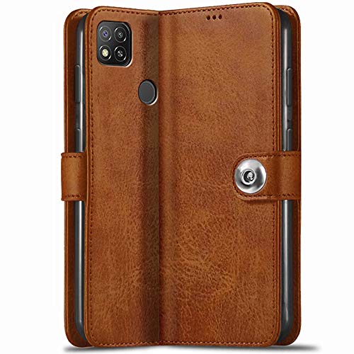 TheGiftKart Flip Back Cover Case for Redmi 9 / Redmi 9 Activ/Poco C31 | Genuine Leather Finish | Designer Button | Inbuilt Pockets & Stand | Flip Cover for Redmi 9 / Redmi 9 Activ/Poco C31 (Brown)- Best and cheap mobile covers in India