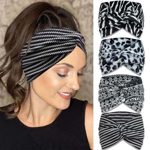 IVARYSS Extra Wide Boho Headbands for Women Non-Slip, 7'' Large Twist Knotted Stretchy Wraps Head Bands Hair Accessories, 4 Pack, White and Black