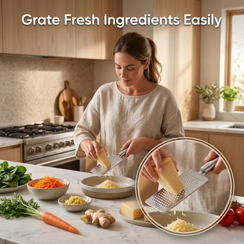 Image of SIGNAMIO Stainless Steel Kadukas Cheese Grater and Vegetable Shredder for Kitchen, Efficient Ginger Garlic Crusher with Protective Cover, Ideal Carrot and Ginger Slicer - Flat Design