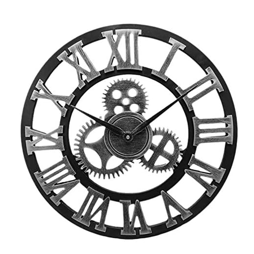CLISPEED Industriell Rörelseutrustning Vintage Väggklocka Rustik Träväggklocka Romerska Siffror Runda Icke-Tickande Tyst Väggklocka 50Cm Silver Utan Batteri